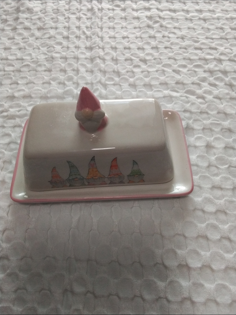 Ceramic Gnome Butter Dish in Pink Accent